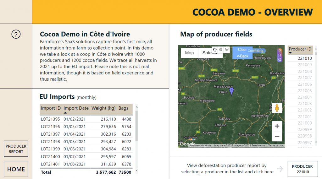 Cocoa Demo in Côte d'Ivoire. Map of producer fields